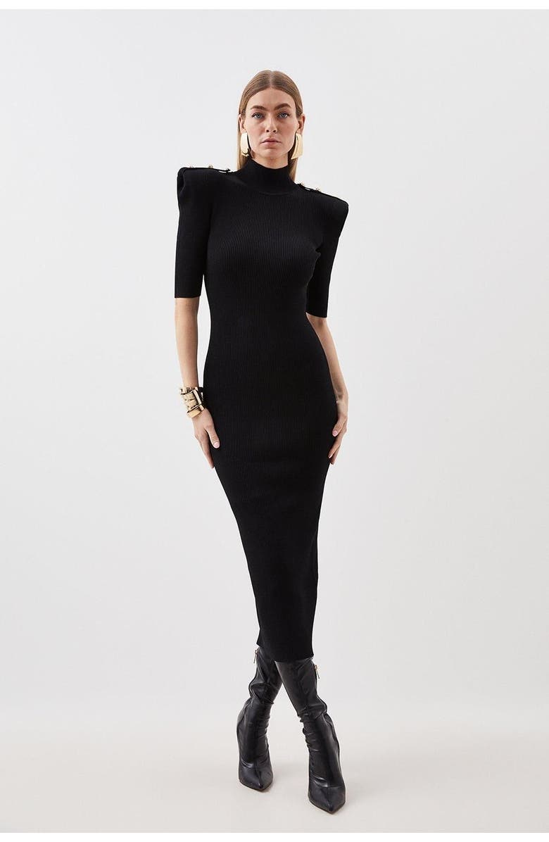 Karen Millen Rib Knit Power Shoulder Maxi Dress, Main, color, Black