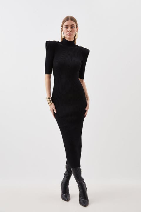 Rib Knit Power Shoulder Maxi Dress