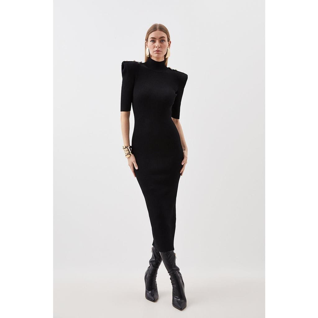 Karen Millen Rib Knit Power Shoulder Maxi Dress In Black