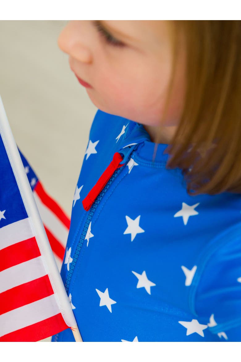Girls Short Sleeve UPF50+ One Piece Rash Guard, Alternate, color, Shimmer Stars & Stripes