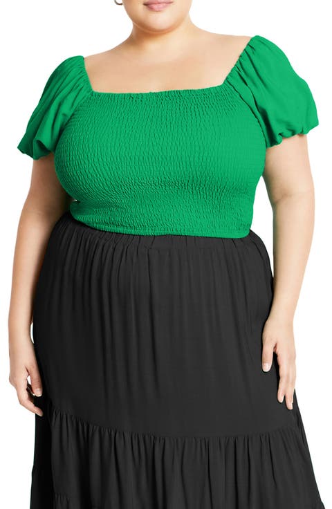 Dylan Smocked Puff Sleeve Crop Top (Plus)