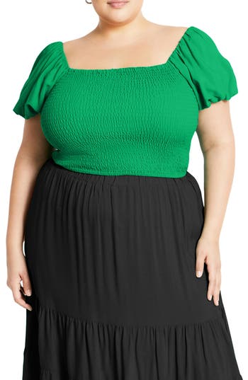 City Chic Dylan Smocked Puff Sleeve Crop Top In Green
