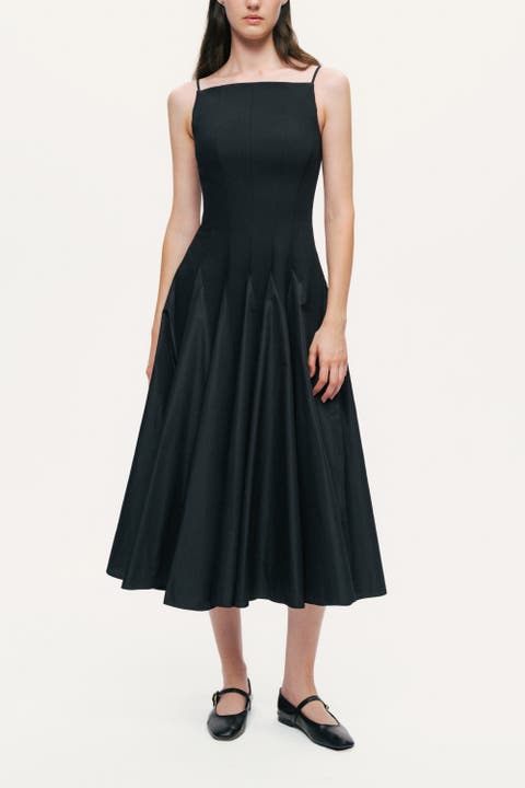 Square-Neck Pleated Midi Dress