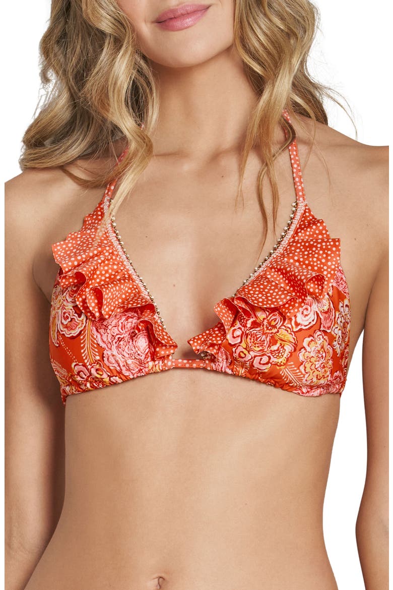 Beaded Ruffle Triangle Bikini Top, Main, color, MANDARIN TANGERINE