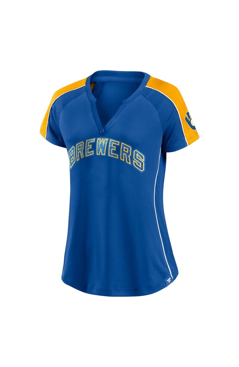 FANATICS Women's Fanatics Branded Royal/Gold Milwaukee Brewers True Classic League Diva Pinstripe Raglan V-Neck T-Shirt, Alternate, color, 