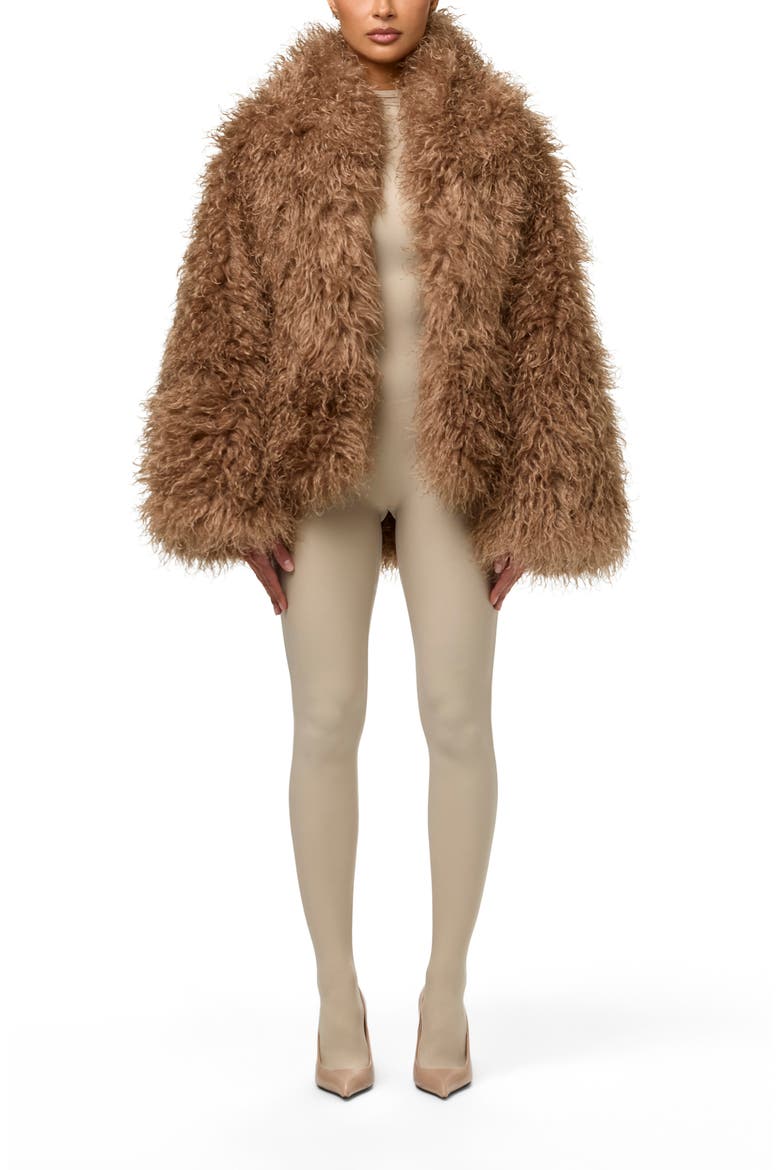 Croc Embossed Faux Leather & Faux Fur Cocoon Coat, Alternate, color, BISCOTTI
