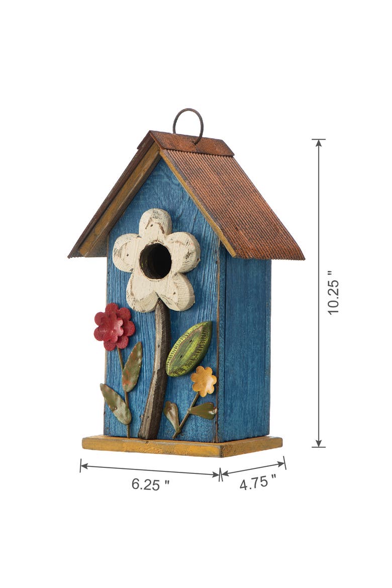 10"H Multicolor Cute Distressed Solid Wood Birdhouse with 3D Flowers, Alternate, color, Blue