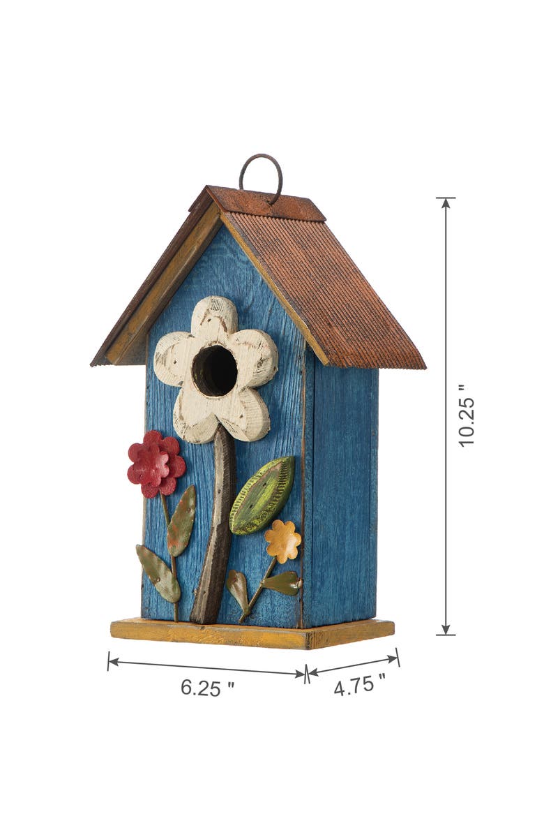 Glitzhome 10"H Multicolor Cute Distressed Solid Wood Birdhouse with 3D Flowers, Alternate, color, Blue