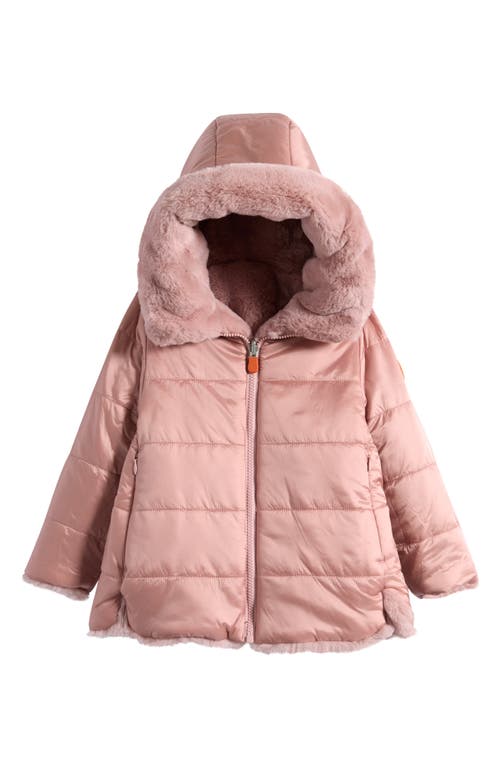 Save The Duck Kids' Flora Reversible Hooded Faux Fur Coat In Pink