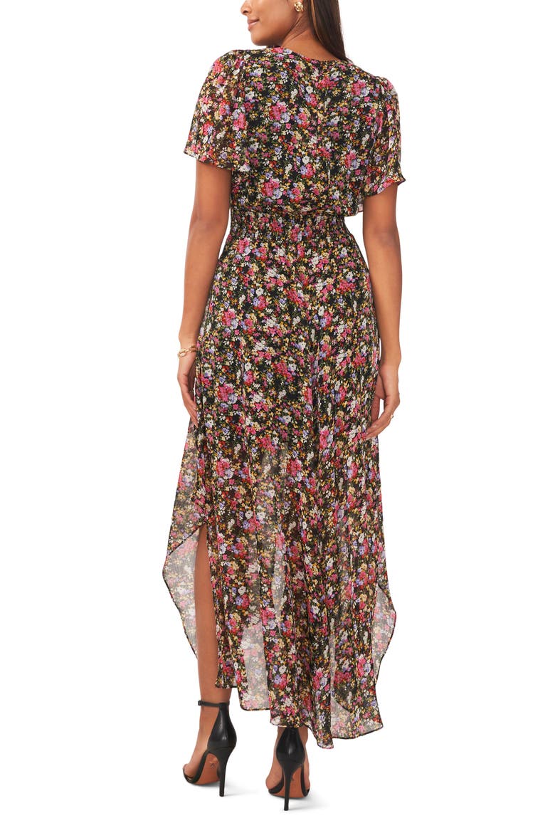 Floral Print Flutter Sleeve Maxi Dress, Alternate, color, FUCHSIA/ PURPLE/ GOLD