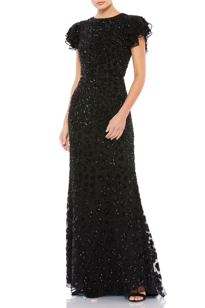 Floral Sequin Cap Sleeve Mesh Gown, Main, color, BLACK