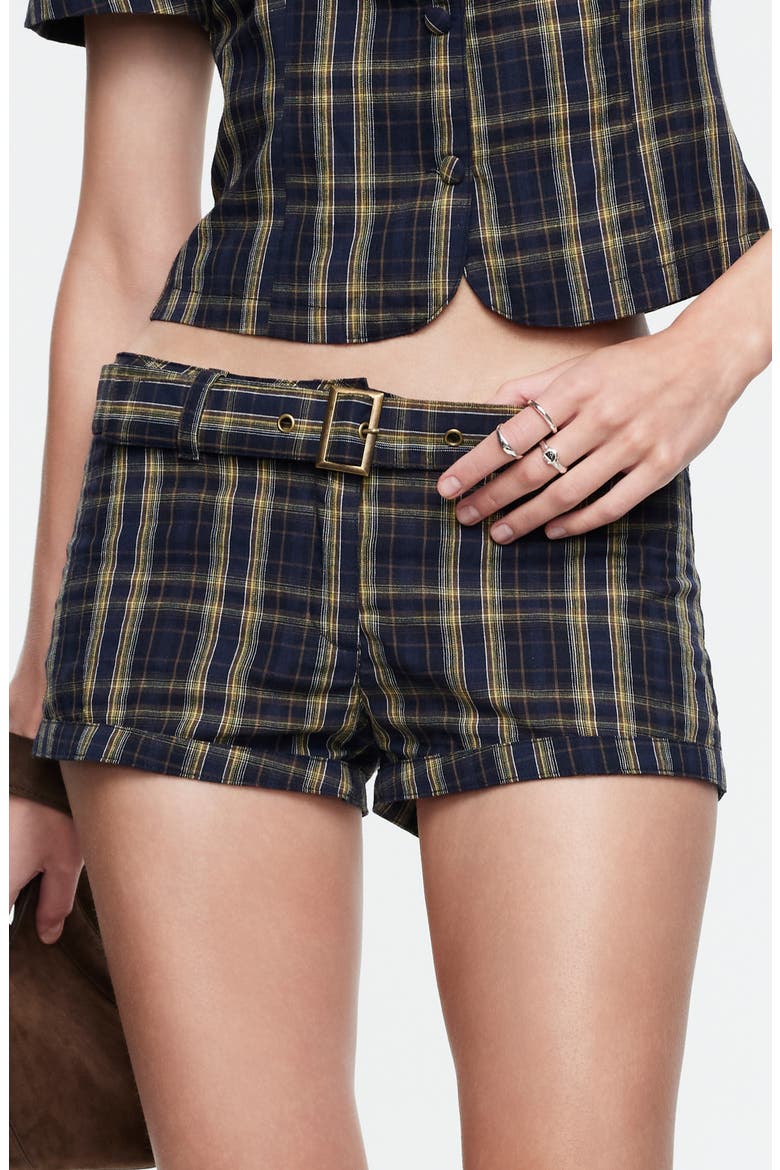 Afterglow Plaid Belted Low Rise Shorts, Alternate, color, NAVY LEMON PLAID