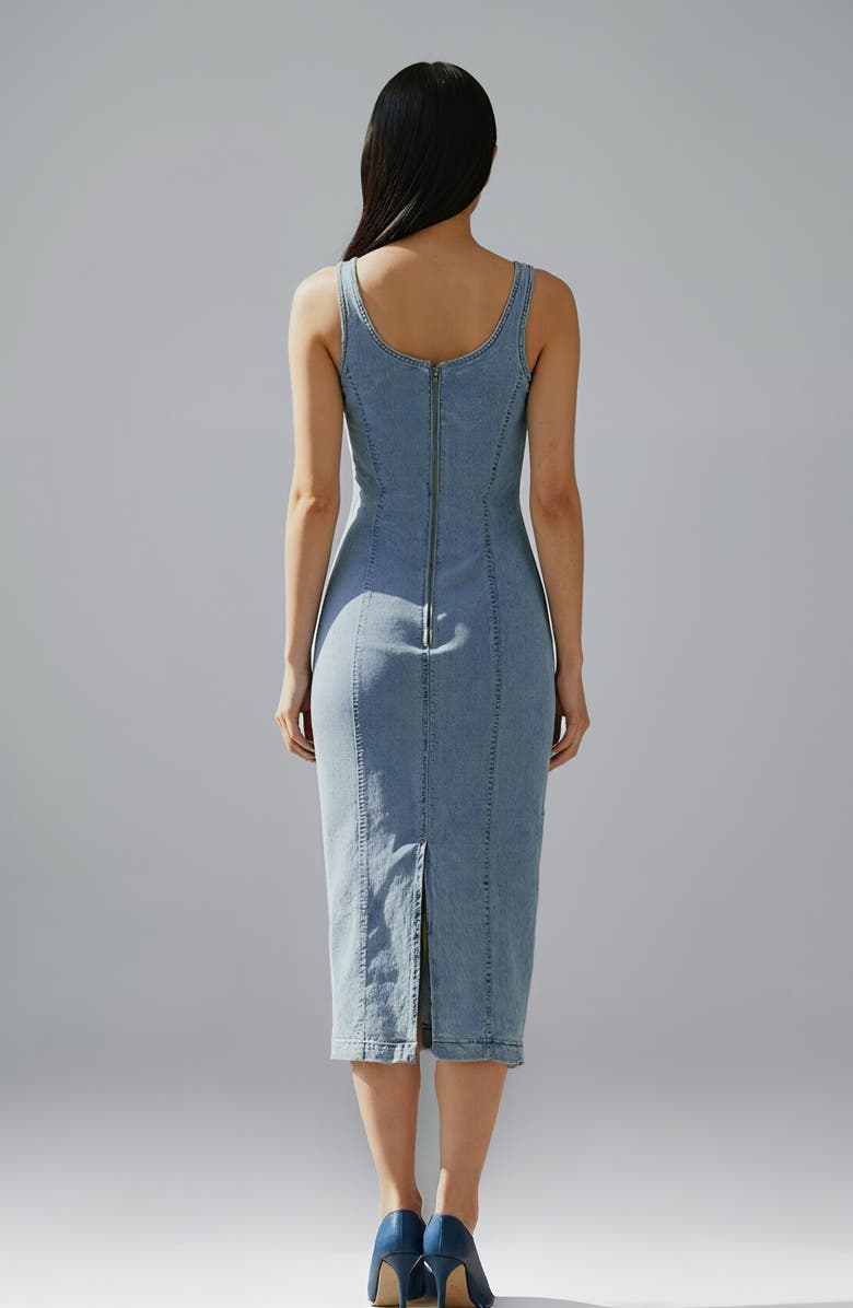 bebe The Slim Denim Midi Dress, Alternate, color, Stone Blue