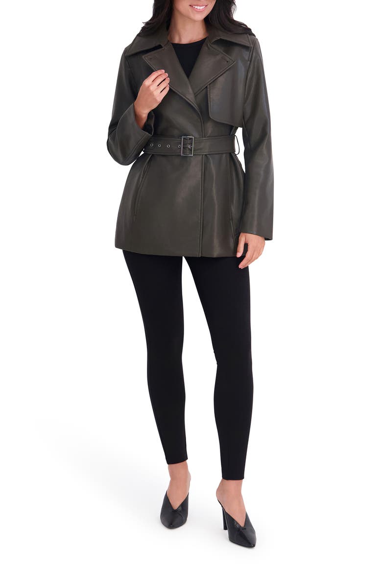 Faux Leather Belted Trench Coat, Alternate, color, OLIVE