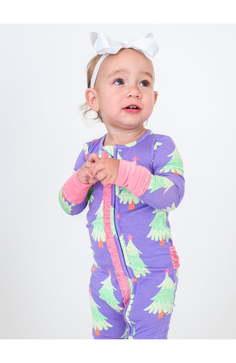 RuffleButts Baby Girls SoftSnooze Convertible Ruffle One Piece Pajama, Alternate, color, Purple Twinkling Trees