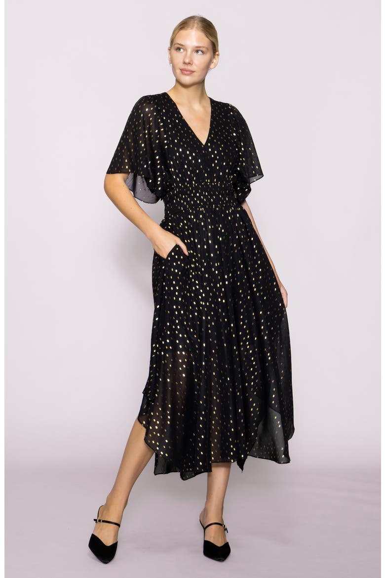 Metallic Smocked Waist Chiffon Maxi Dress, Alternate, color, BLACK GOLD