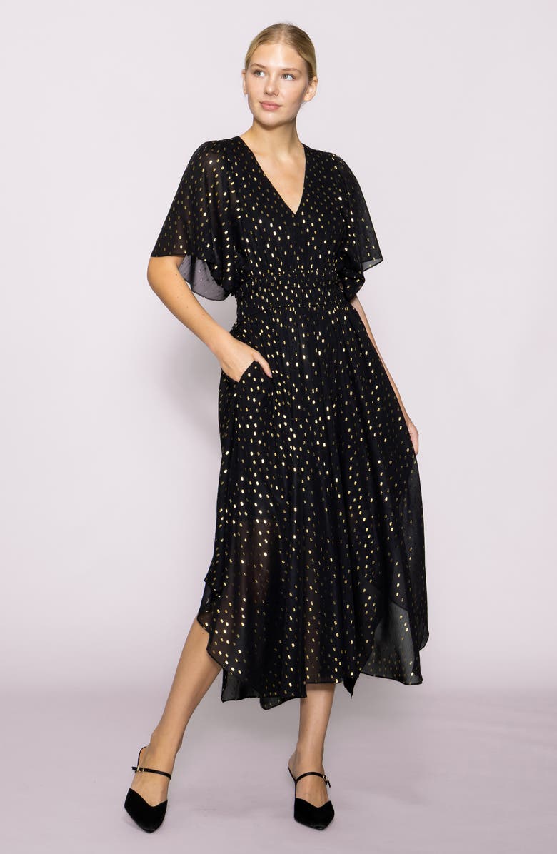 MELLODAY Metallic Smocked Waist Chiffon Maxi Dress, Alternate, color, Black Gold