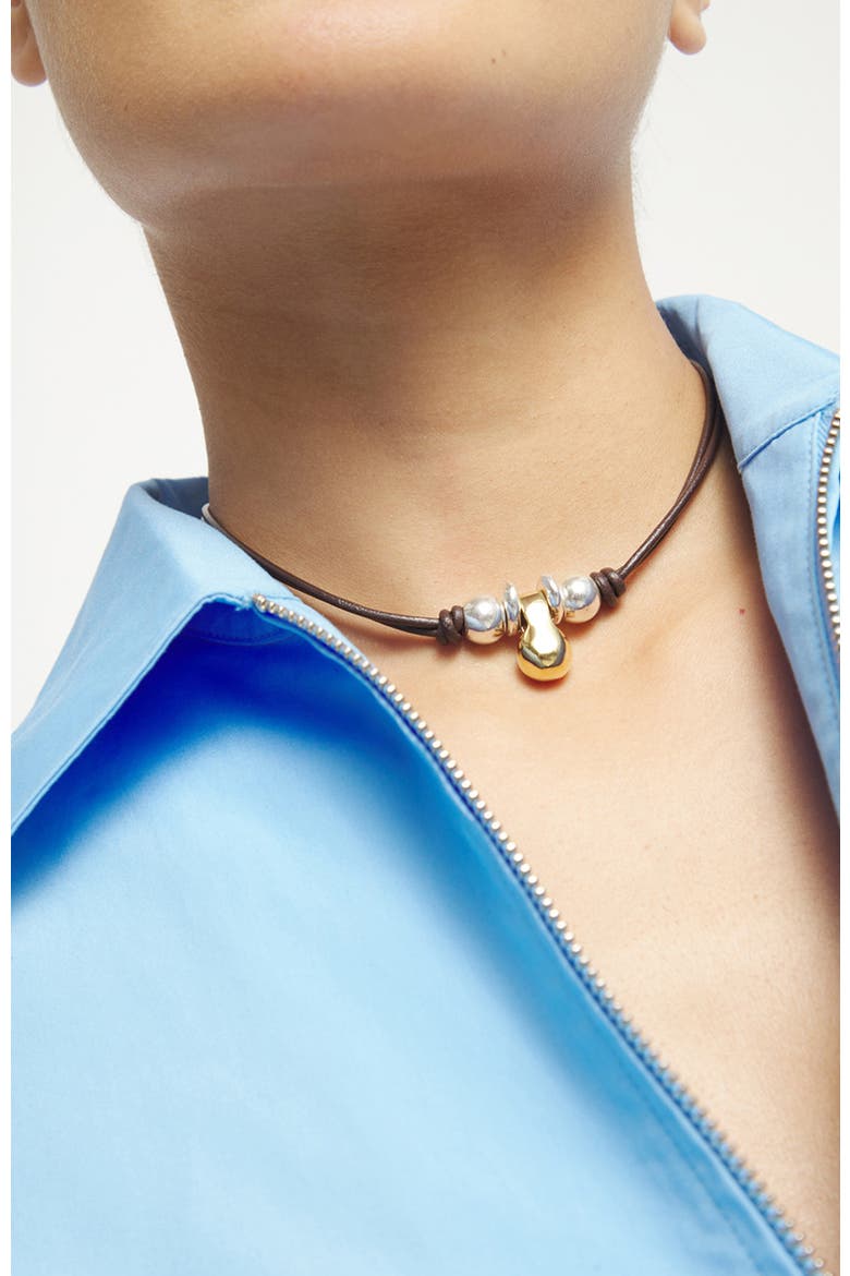 Leather Necklace with Three Dials Plated in a Mix of Silver and 18K Gold, Alternate, color, Gold
