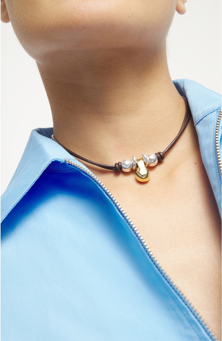 UNODE50 Leather necklace with three dials plated in a mix of silver and 18k gold, Alternate, color, Gold