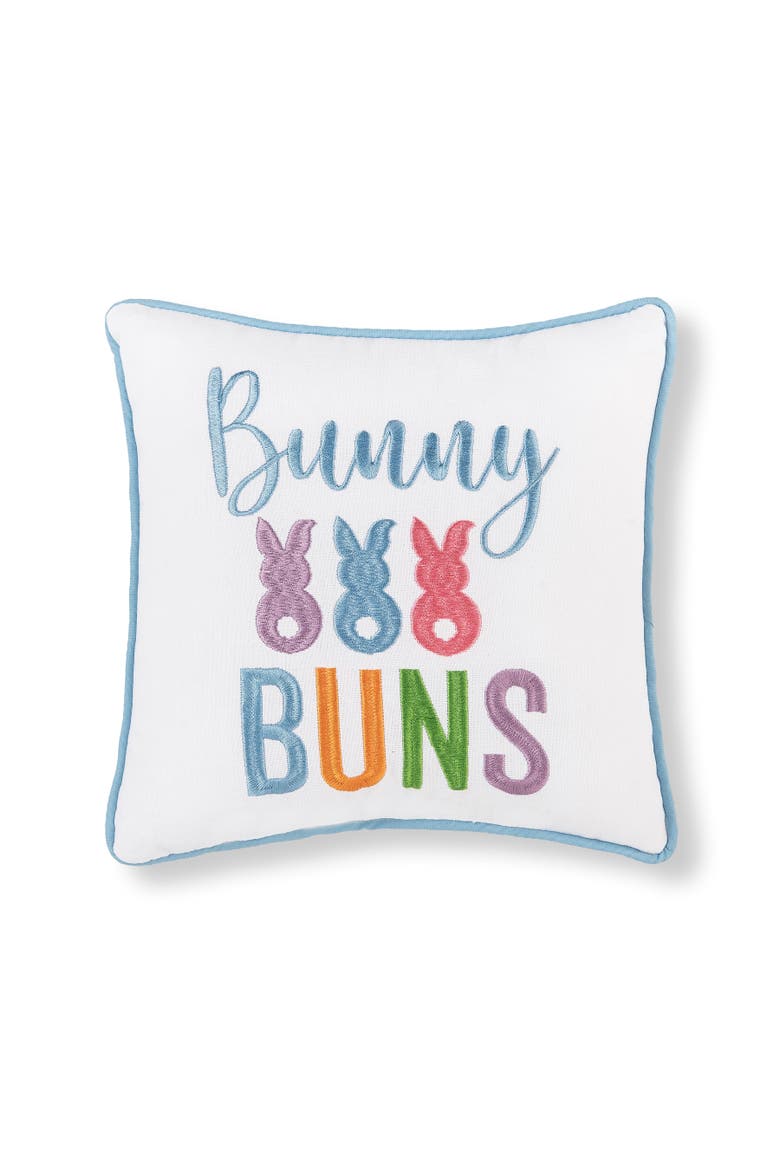 "Bunny Buns" Easter Bunny Cotton Blend Embroidered Mini Accent Pillow 10" x 10", Main, color, White