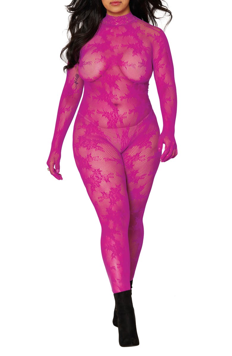 Dreamgirl Fishnet Glove Body Stocking, Main, color, Azalea