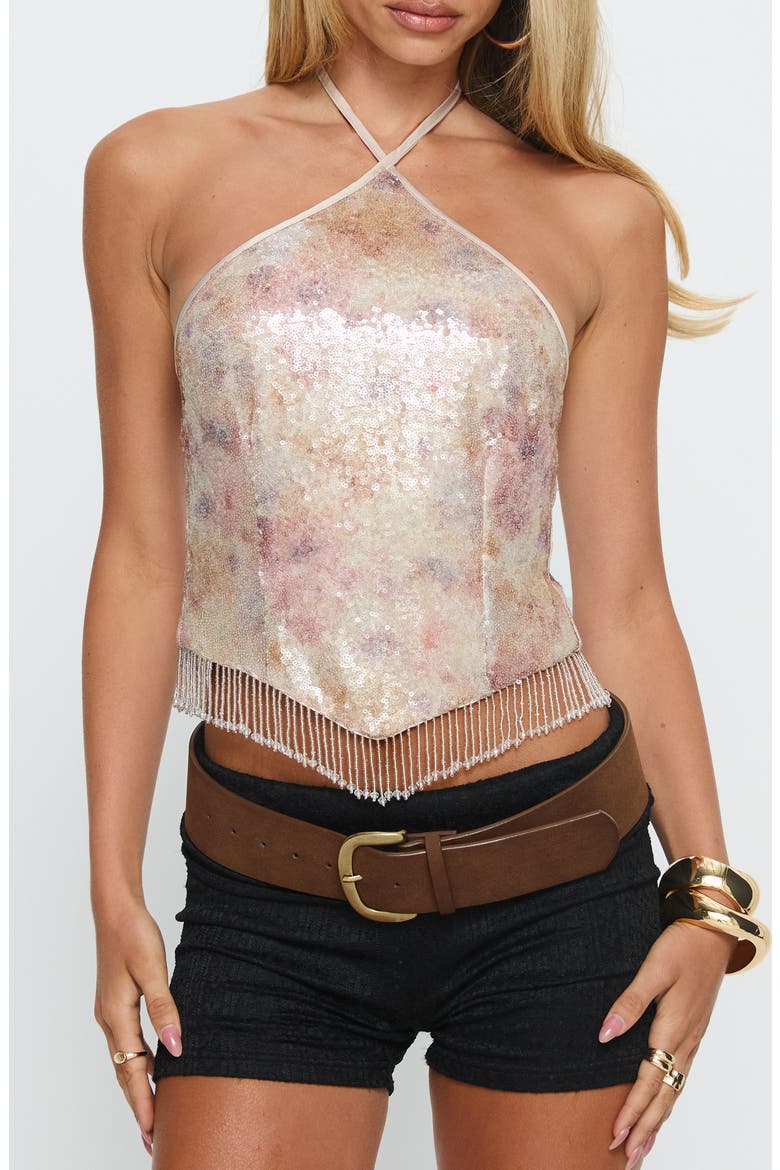 Udelle Sequin Fringe Halter Crop Top, Main, color, CREAM SEQUIN