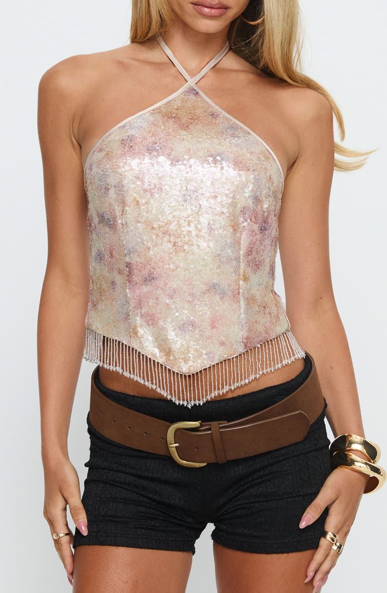 Princess Polly Udelle Sequin Fringe Halter Crop Top, Main, color, Cream Sequin