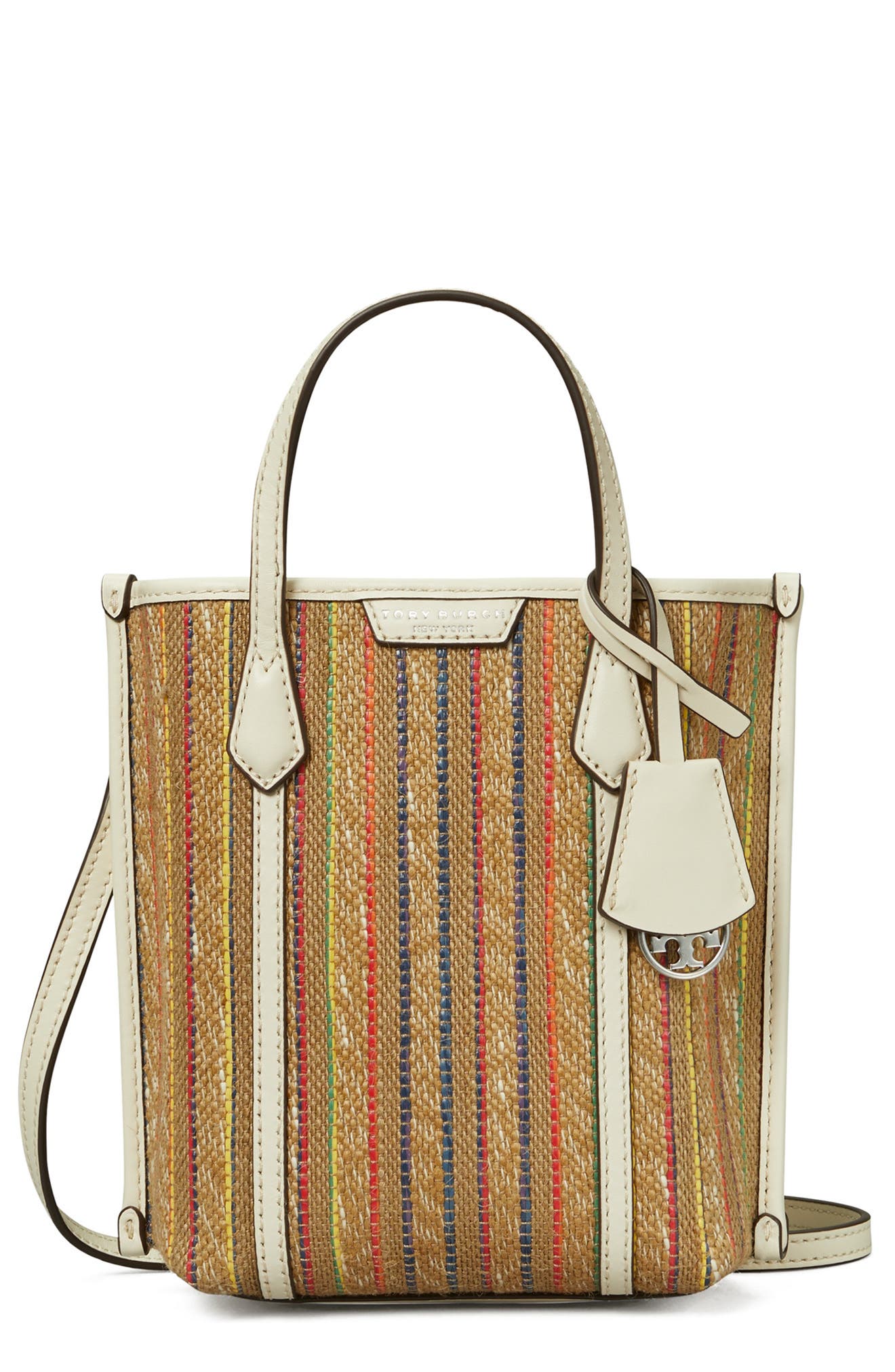 Tory Burch Mini Perry Stripe Raffia Tote, Main, color, 