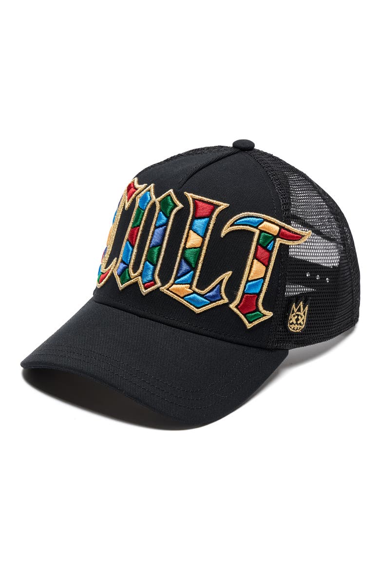 Stained Glass Logo Trucker Hat, Alternate, color, BLACK