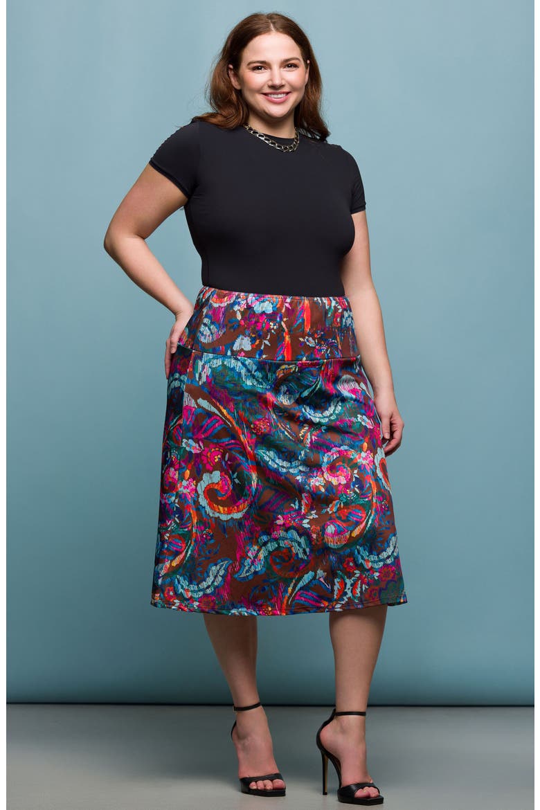 Paisley Print Elastic Waist Midi Skirt, Alternate, color, BROWN MULTI