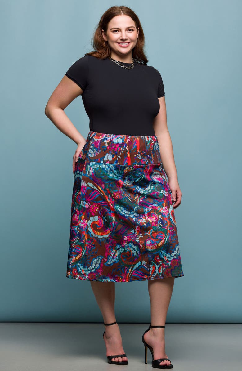 24seven Comfort Apparel Paisley Print Elastic Waist Midi Skirt, Alternate, color, Brown Multi