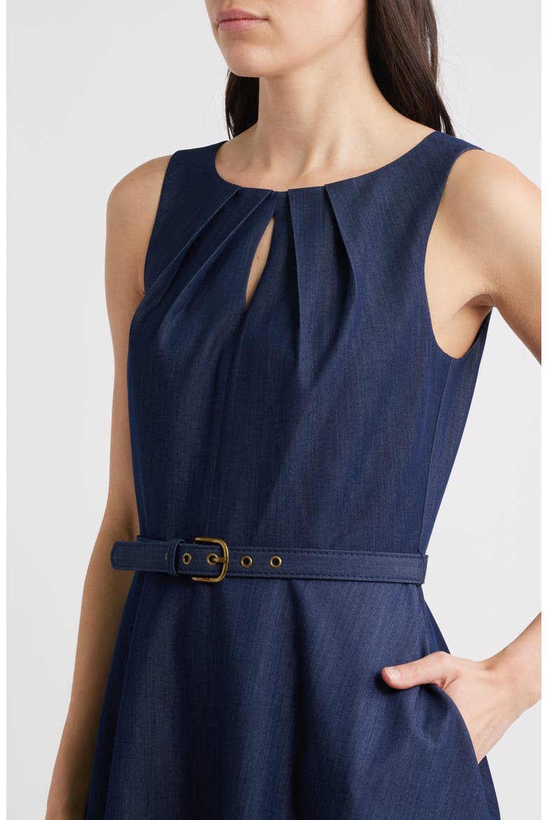 Sleeveless Belted Fit & Flare Dress, Alternate, color, DENIM