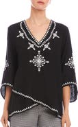 Karen Kane Embroidered Asymmetric Hem Linen Blend Top