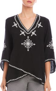 Karen Kane Embroidered Asymmetric Hem Linen Blend Top