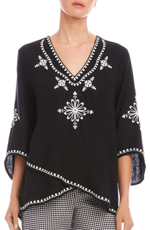 Karen Kane Embroidered Asymmetric Hem Linen Blend Top (Regular & Petite)