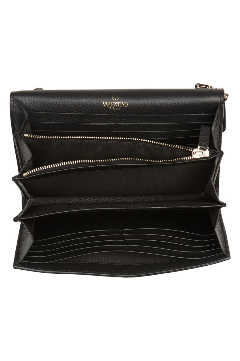 Rockstud V-Flap Calfskin Leather Wallet on a Chain, Alternate, color, BLACK
