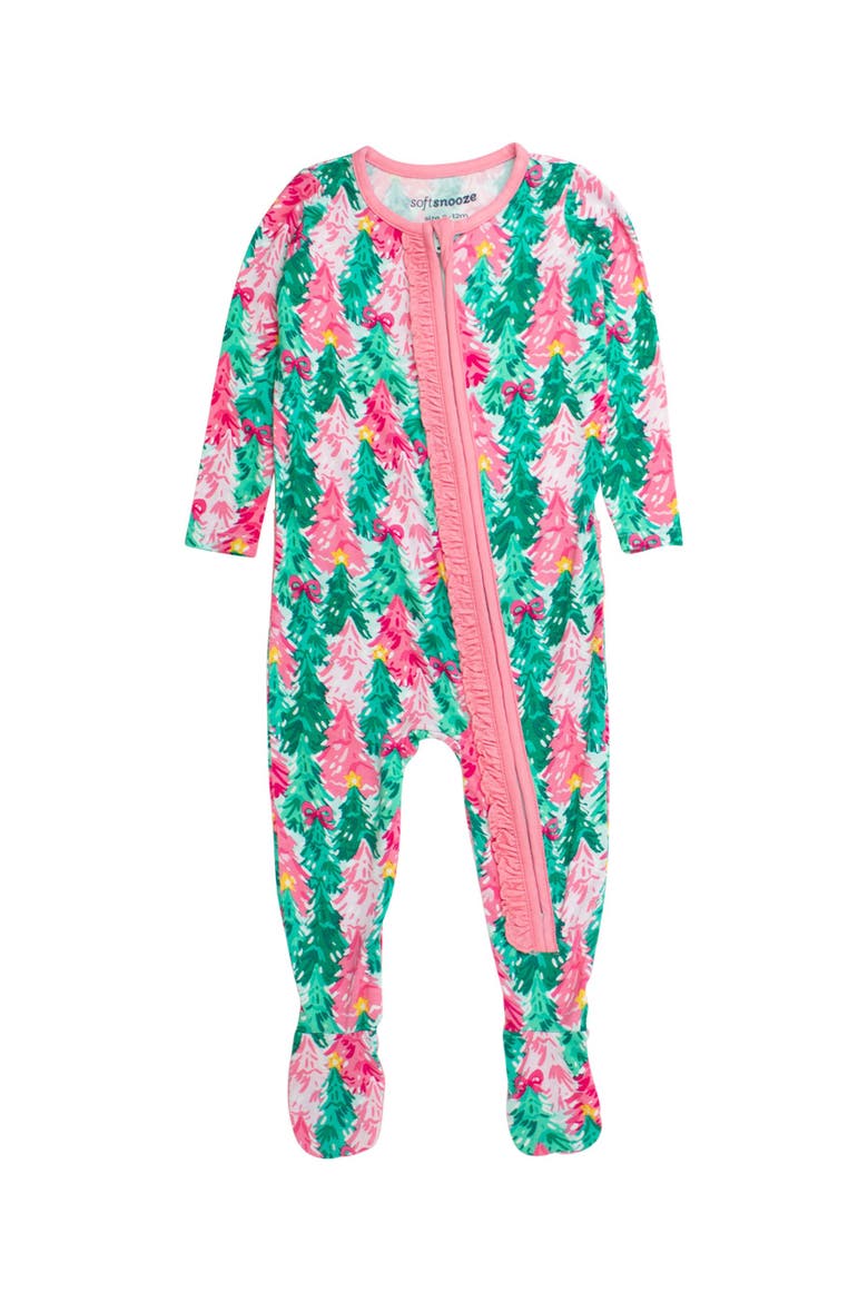 SoftSnooze Girls Holiday Ruffle One Piece Footie Pajamas, Main, color, Pink Jolly Grove