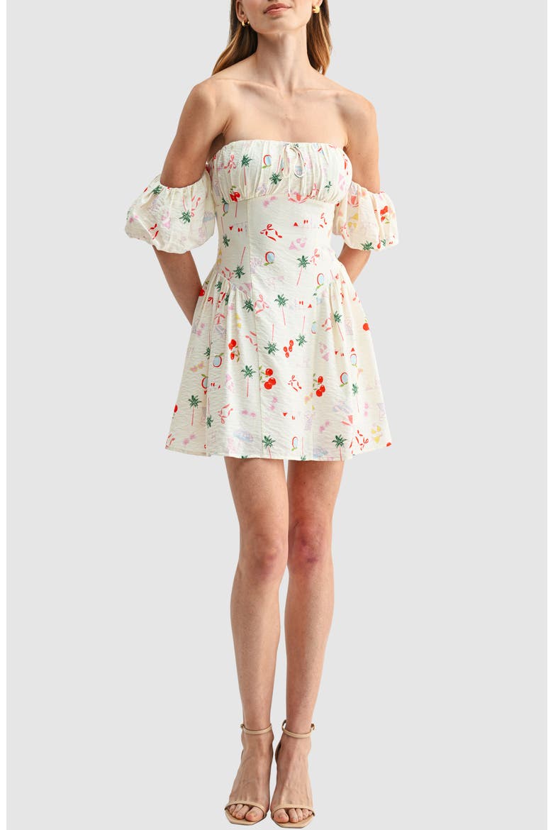 Shirred Print Off the Shoulder Dress, Main, color, BEACH CONVERSATIONAL
