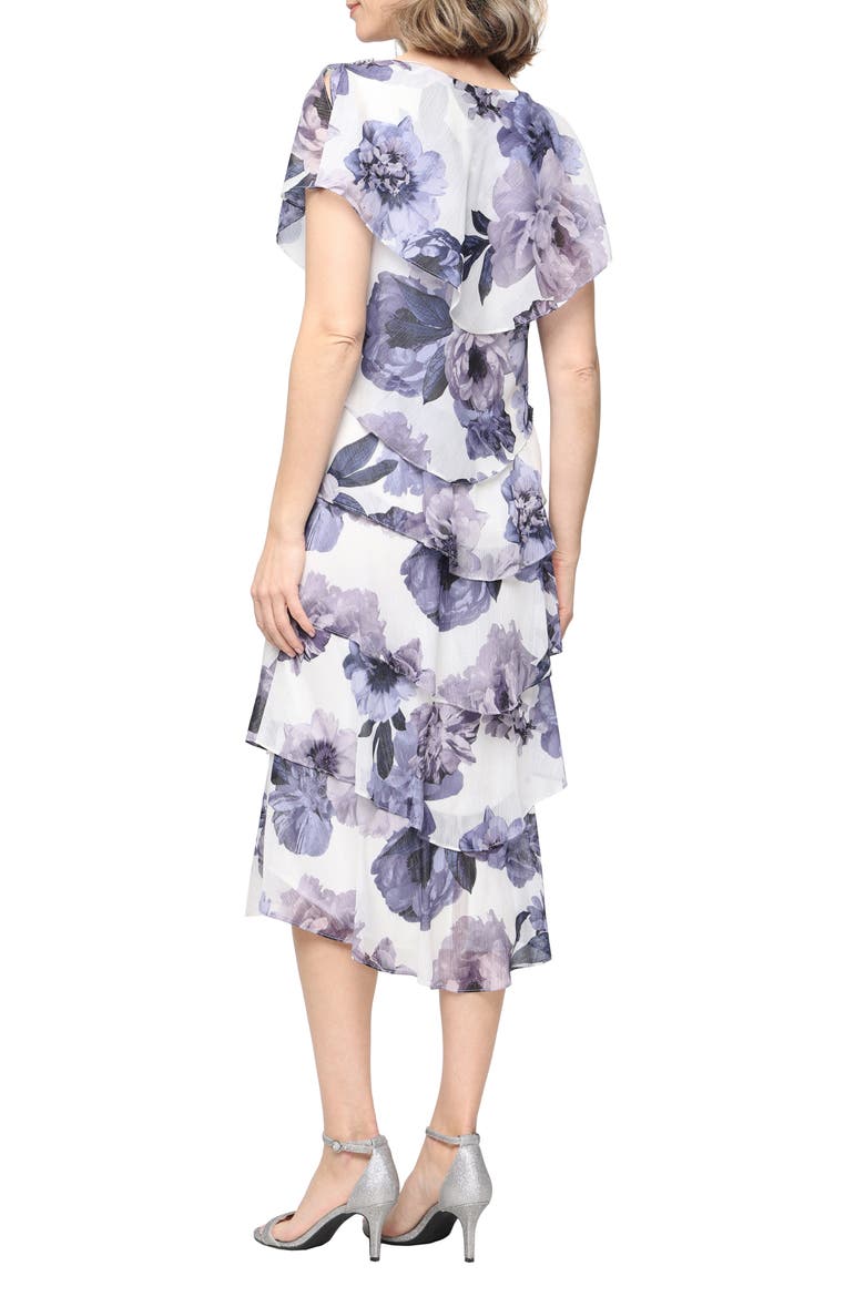 Floral Ruffle Tier Chiffon Midi Dress, Alternate, color, IVO/ BLUE