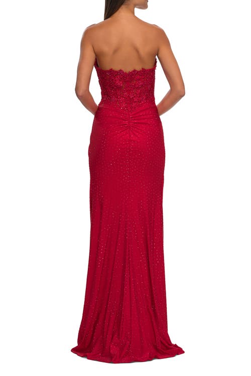 La Femme Sheer Lace Applique Bodice Dress With Jersey Skirt In Red