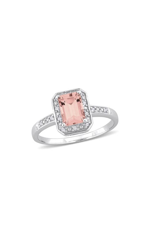 Emerald Cut Morganite & Diamond Halo Ring