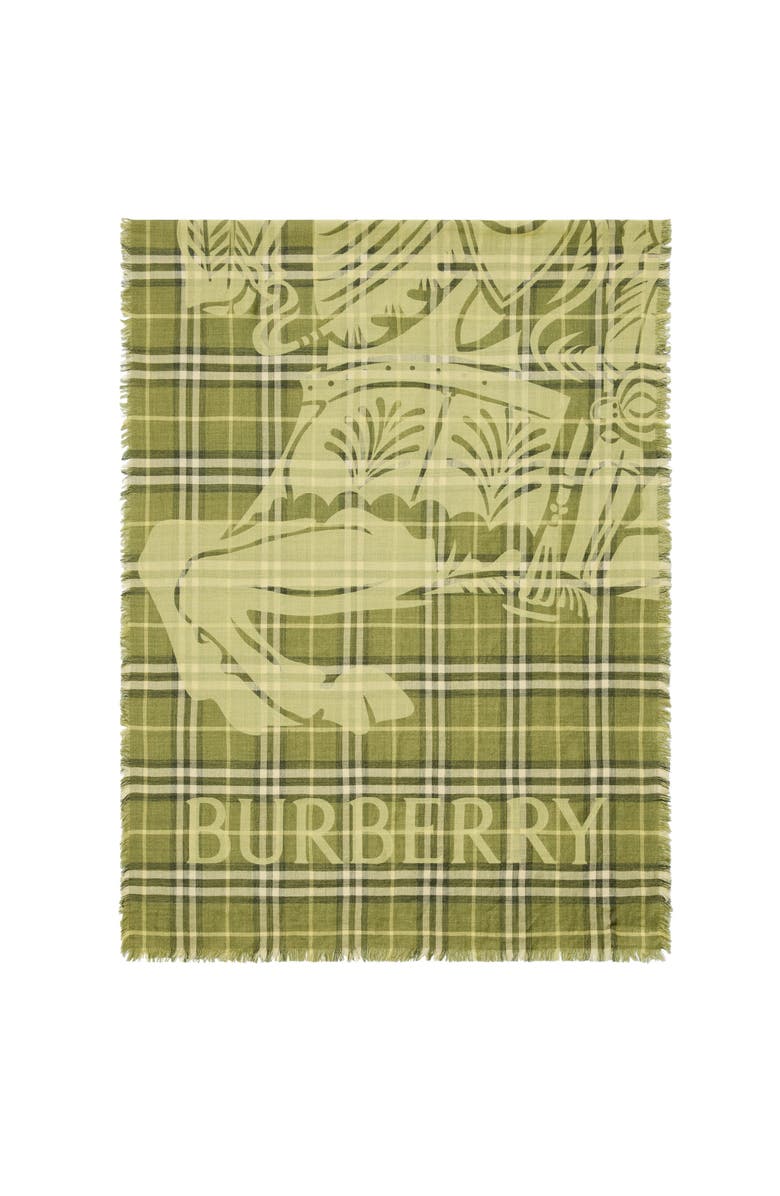 Burberry Wide EKD Check Wool Silk Scarf, Main, color, Pea Green