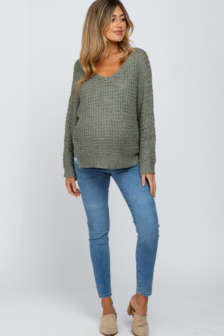 V-Neck Side Slit Thick Knit Sweater, Alternate, color, Olive Green