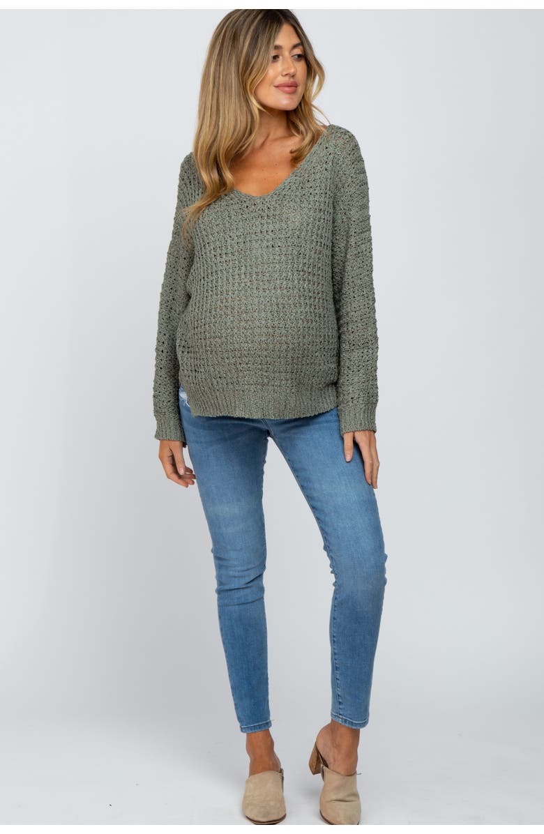 PinkBlush V-Neck Side Slit Thick Knit Sweater, Alternate, color, Olive Green