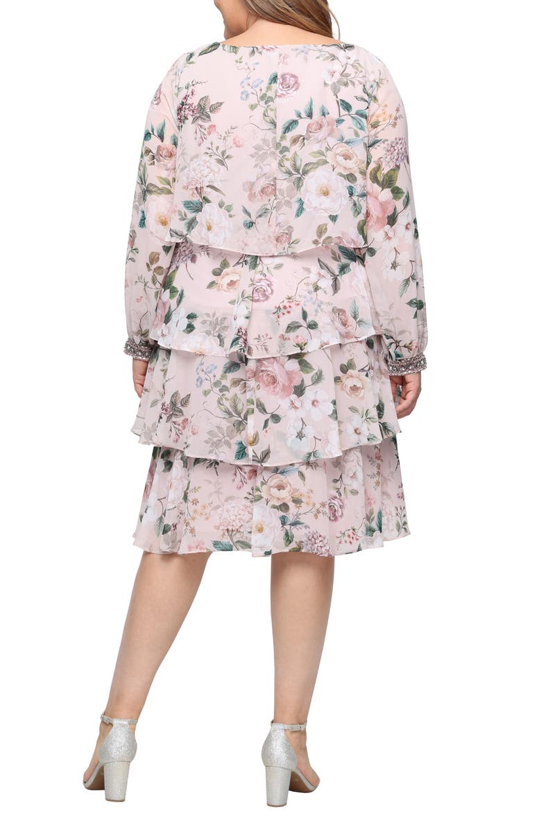 SL FASHIONS Floral Long Sleeve Tiered Cocktail Dress, Alternate, color, Blush Multi