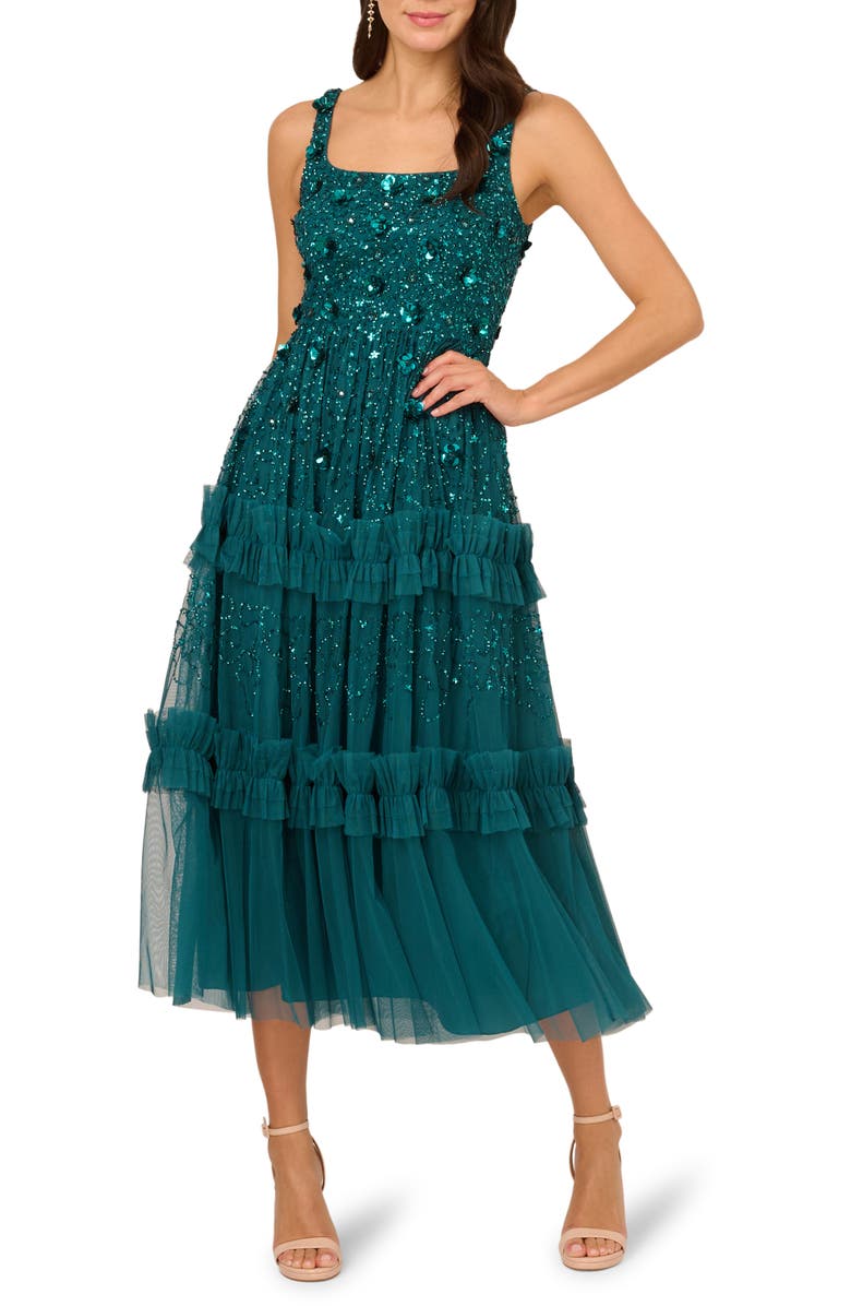 Adrianna Papell Embellished Ruffle Tiered Mesh Cocktail Dress, Main, color, Deep Azure