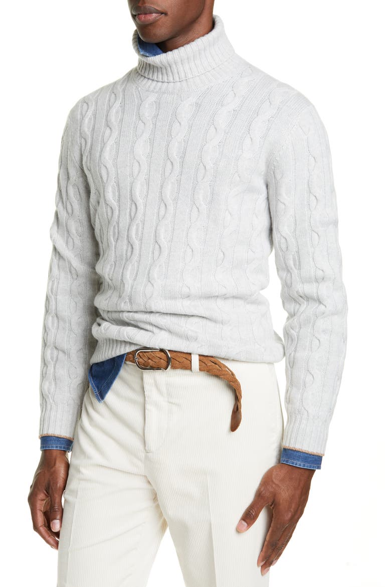 Cable Knit Cashmere Turtleneck Sweater, Alternate, color, FOG