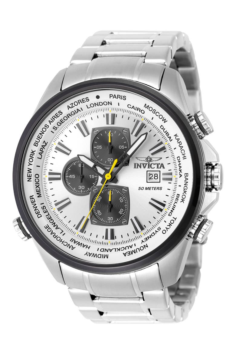 Aviator World Time Chronograph Bracelet Watch, 50mm, Main, color, WHITE