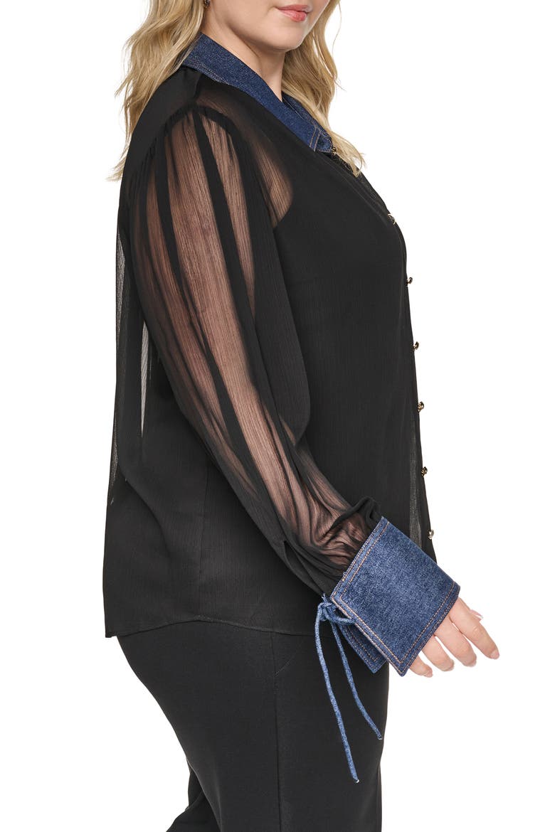 Crinkle Chiffon Shirt with Denim Trim, Alternate, color, BLACK
