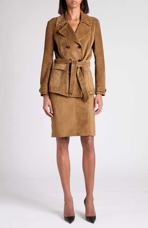 Tom Ford Double Breasted Belted Suede Jacket In Brown